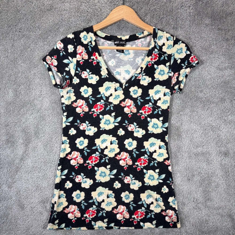 Wet Seal Shirt Women L Black Floral Print V Neck Short Sleeve Fitted Stretch Y2K